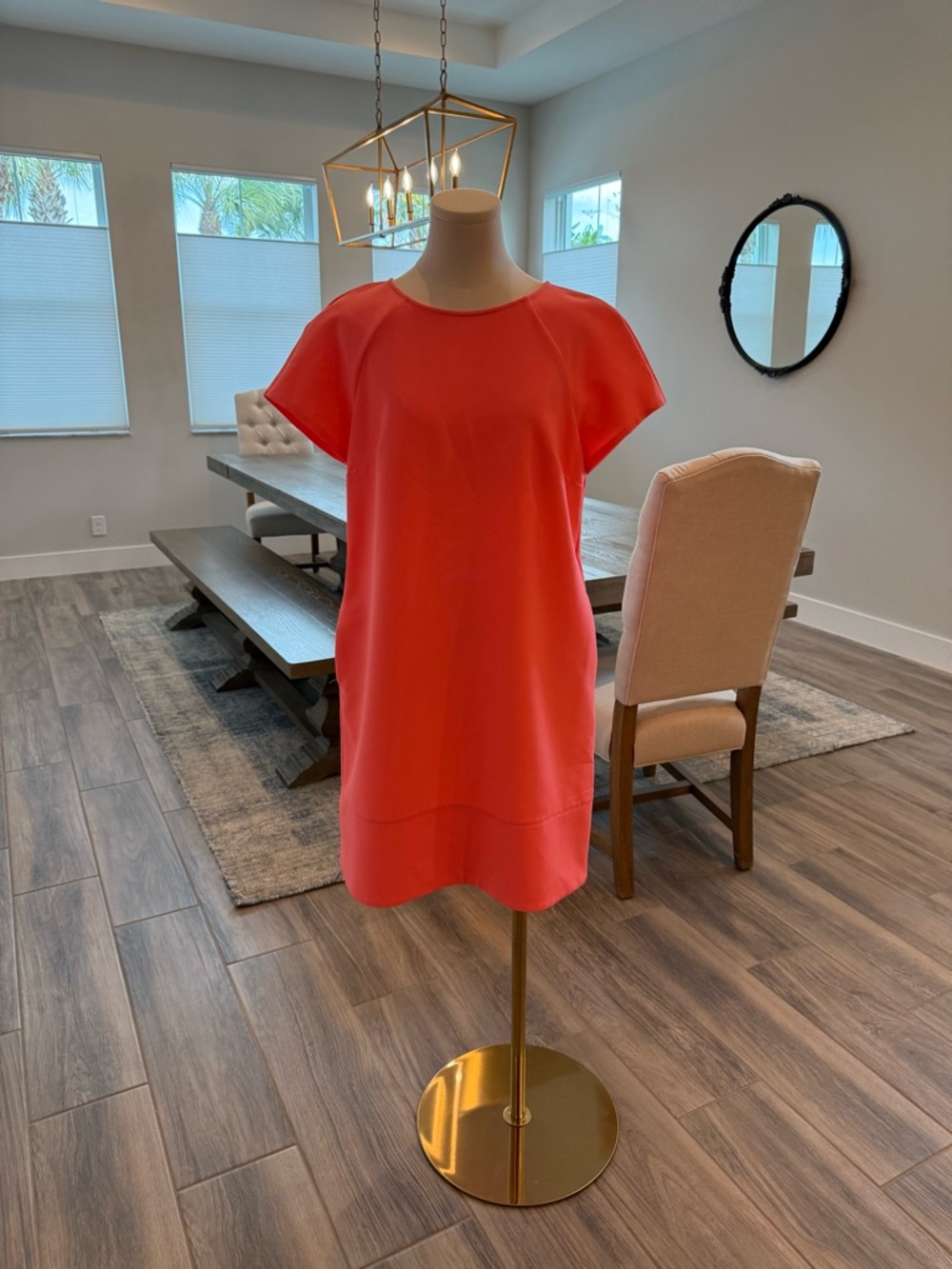 Donna Morgan Bright Coral Shift Dress with Short Sleeves, perfect condition!